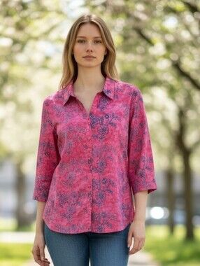 Liz& Me Cotton Lightweight Pink Floral Button-Front Blouse with Blue Accents